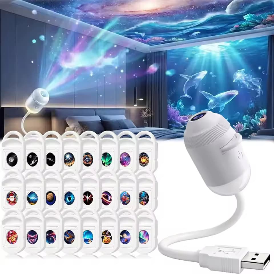 USB galaxy projector with flexible gooseneck and all 21 interchangeable projection discs