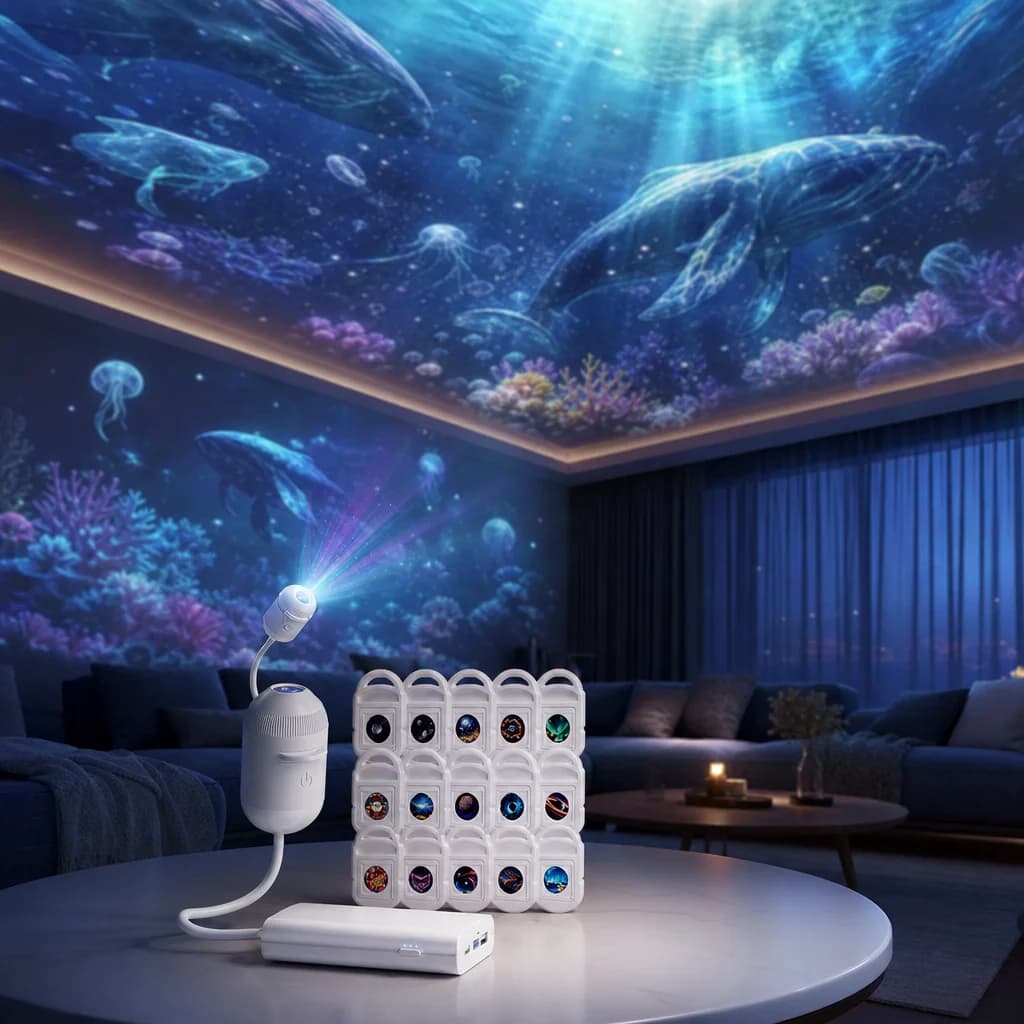 Galaxy projector casting a deep ocean scene across a living room ceiling